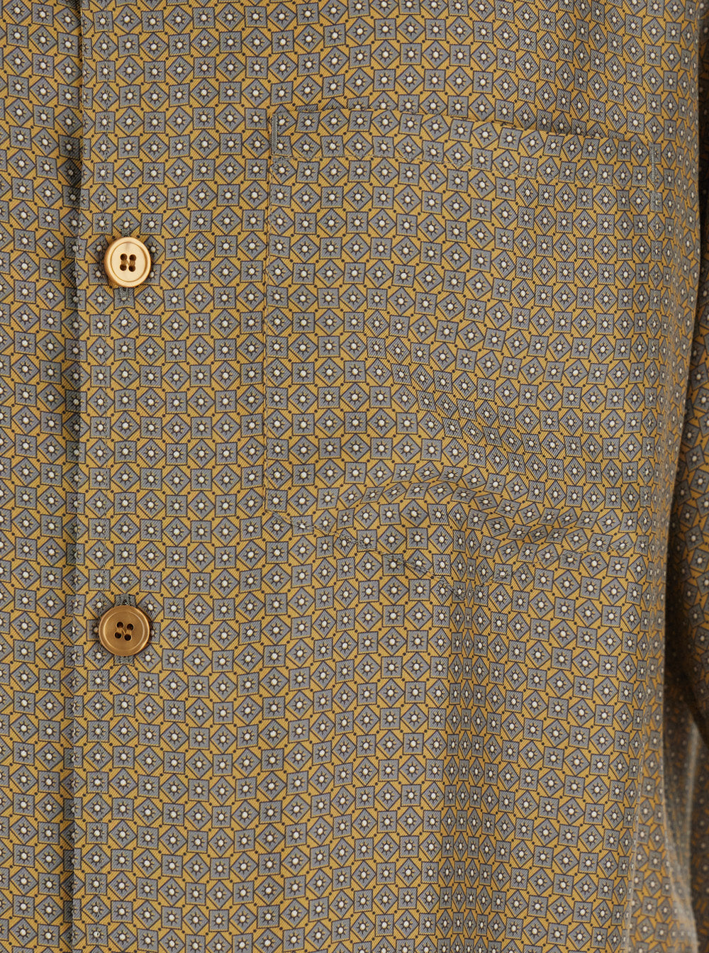 Saint Laurent Men Shirt With Cuban Collar And All-Over Geometric Motif In Beige Silk For Men SAINT LAURENT