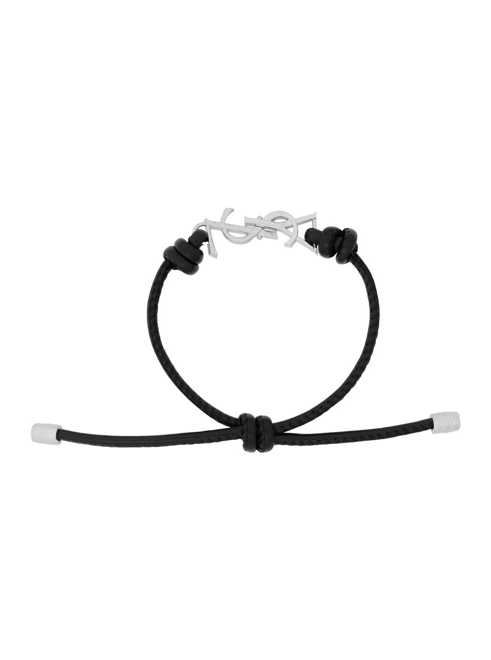 Saint Laurent Men Black Bracelet With Cassandre Logo Plate In Silver Metal And Adjustable Closure In Leather For Men SAINT LAURENT
