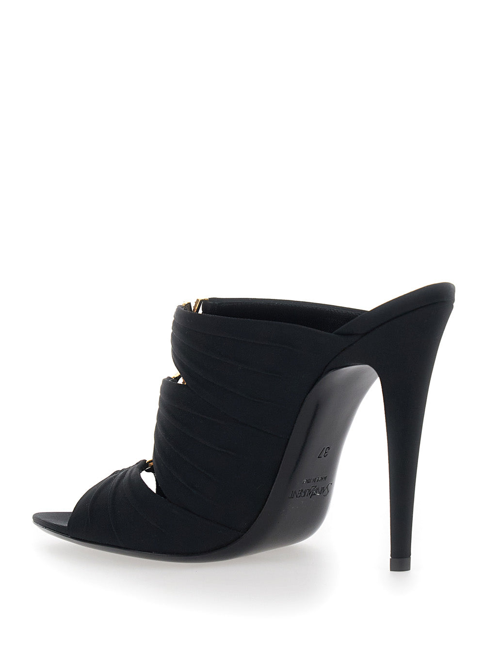 Saint Laurent Women 'Emilie' Black Heeled Sandals With Cassandre Plate On The Front In Leather Woman SAINT LAURENT