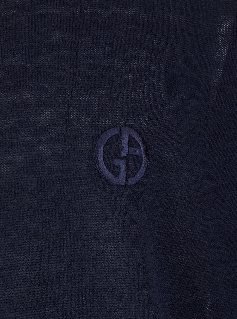 Giorgio Armani Men Blue Sweater With Contrast Collar And Logo Embroidery On The Front In Linen And Silk Blend Men GIORGIO ARMANI