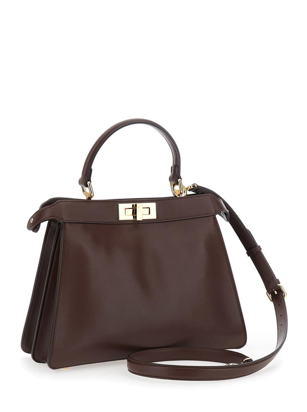 Fendi Women 'Peekaboo I See You' Brown Handbag With Claw Closure And Sequins Embroidery Inside In Leather Woman FENDI