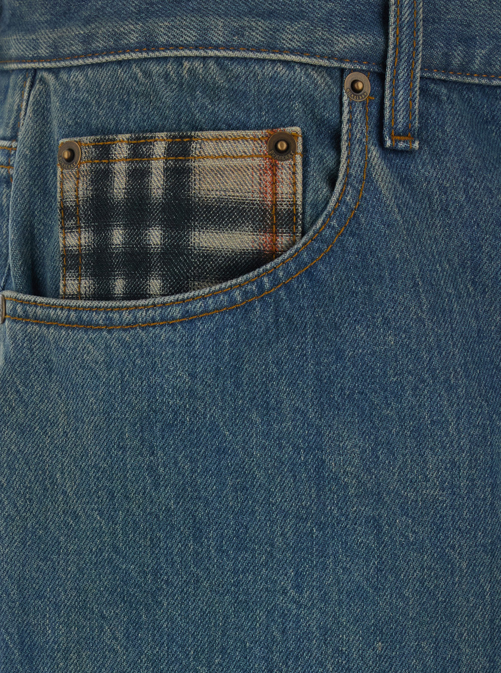 Burberry Men 'Dexter' Blue Jeans With Stonewash Effect And Check Motif Hem In Denim For Men BURBERRY