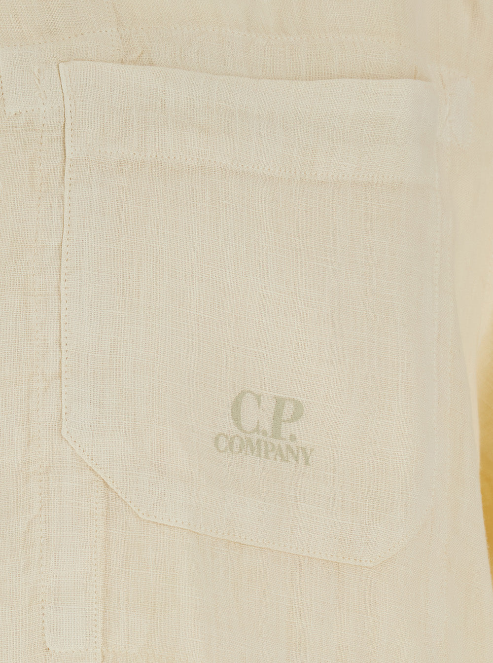 C.P. Company Men Beige Shirt With Logo Print On The Front In Linen Man C.P. COMPANY