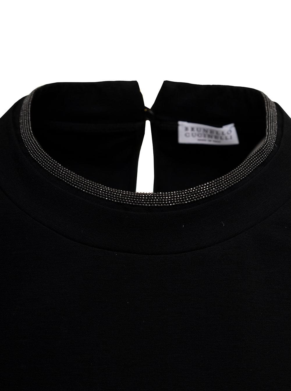Brunello Cucinelli Women Brunello Cucinelli Woman's Black Cotton T-Shirt With Monile Crew Neck BRUNELLO CUCINELLI