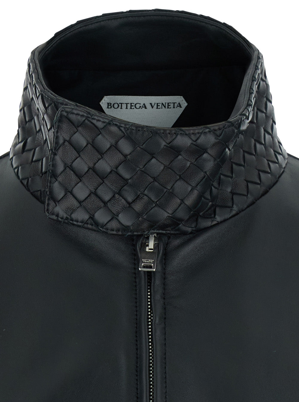 Bottega Veneta Men Black Bomber Jacket With High Collar With Intreccio Design In Leather For Men BOTTEGA VENETA