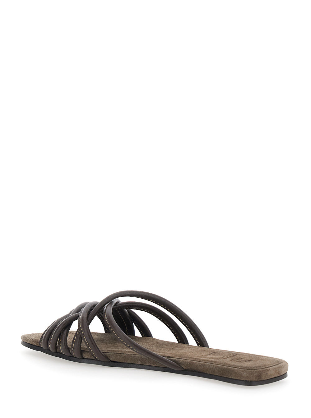 Brunello Cucinelli Women Brown Flat Sandals With Square Toe And Contrast Stitching In Suede For Women BRUNELLO CUCINELLI