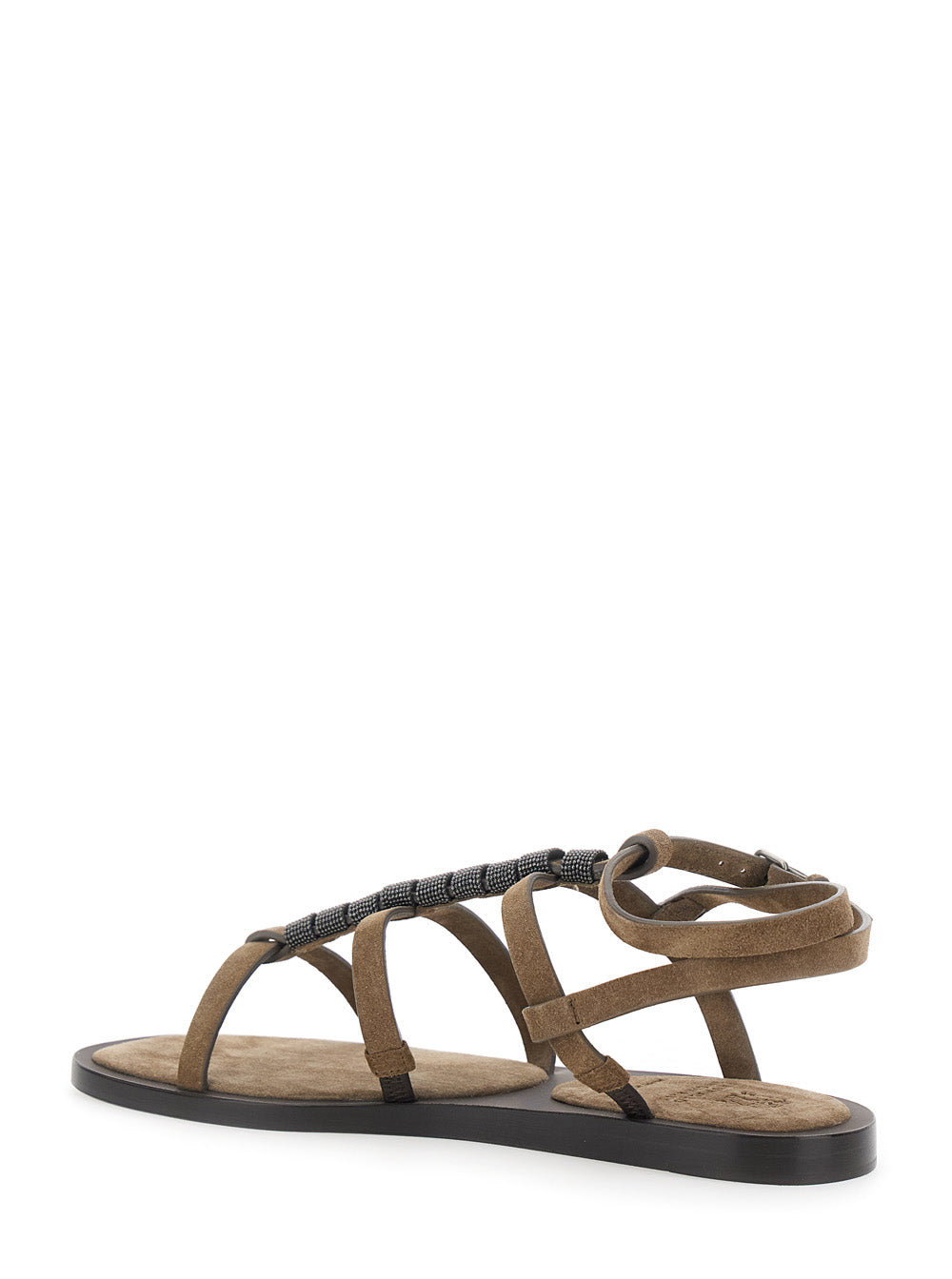 Brunello Cucinelli Women Brown Sandals With Adjustable Strap Closure And Monile Detail On The Front In Suede For Women BRUNELLO CUCINELLI