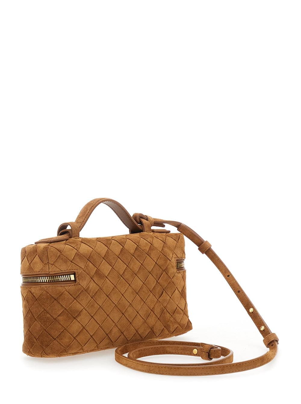Bottega Veneta Women Crossbody Bag 'Bang Bang' With Removable Strap And Suede Intreccio Motif Brown Woman BOTTEGA VENETA