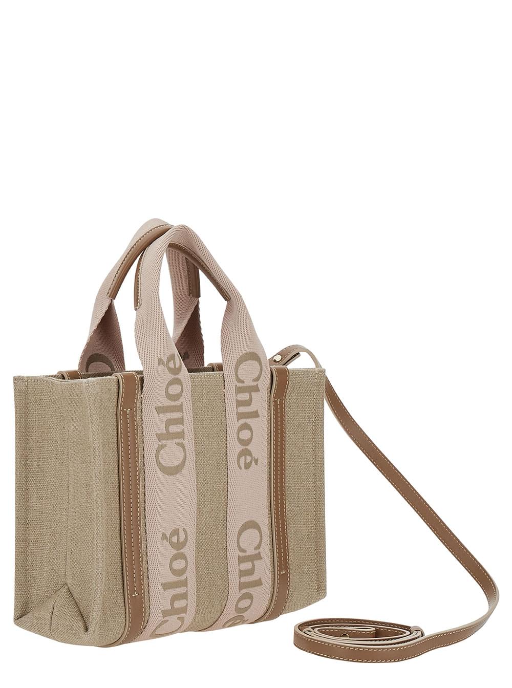 Chloé Women Tote Bag 'Woody Piccola' With Linen Logo Detail Beige Woman CHLOE