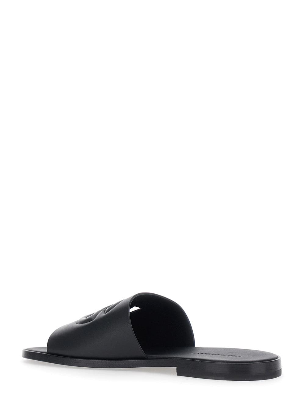 Dolce & Gabbana Men Black Leather Cut-Out Logo Detail Sandals For Men DOLCE & GABBANA