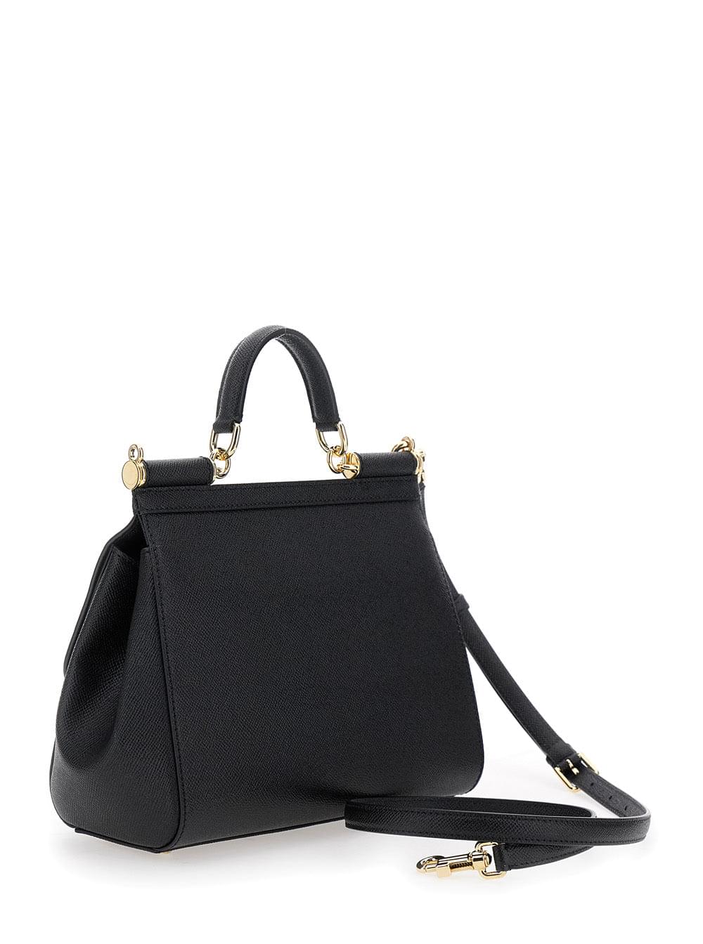 Dolce & Gabbana Women Handbag 'Sicily' Medium With Logo Plate On Front In Grained Black Leather Woman DOLCE & GABBANA