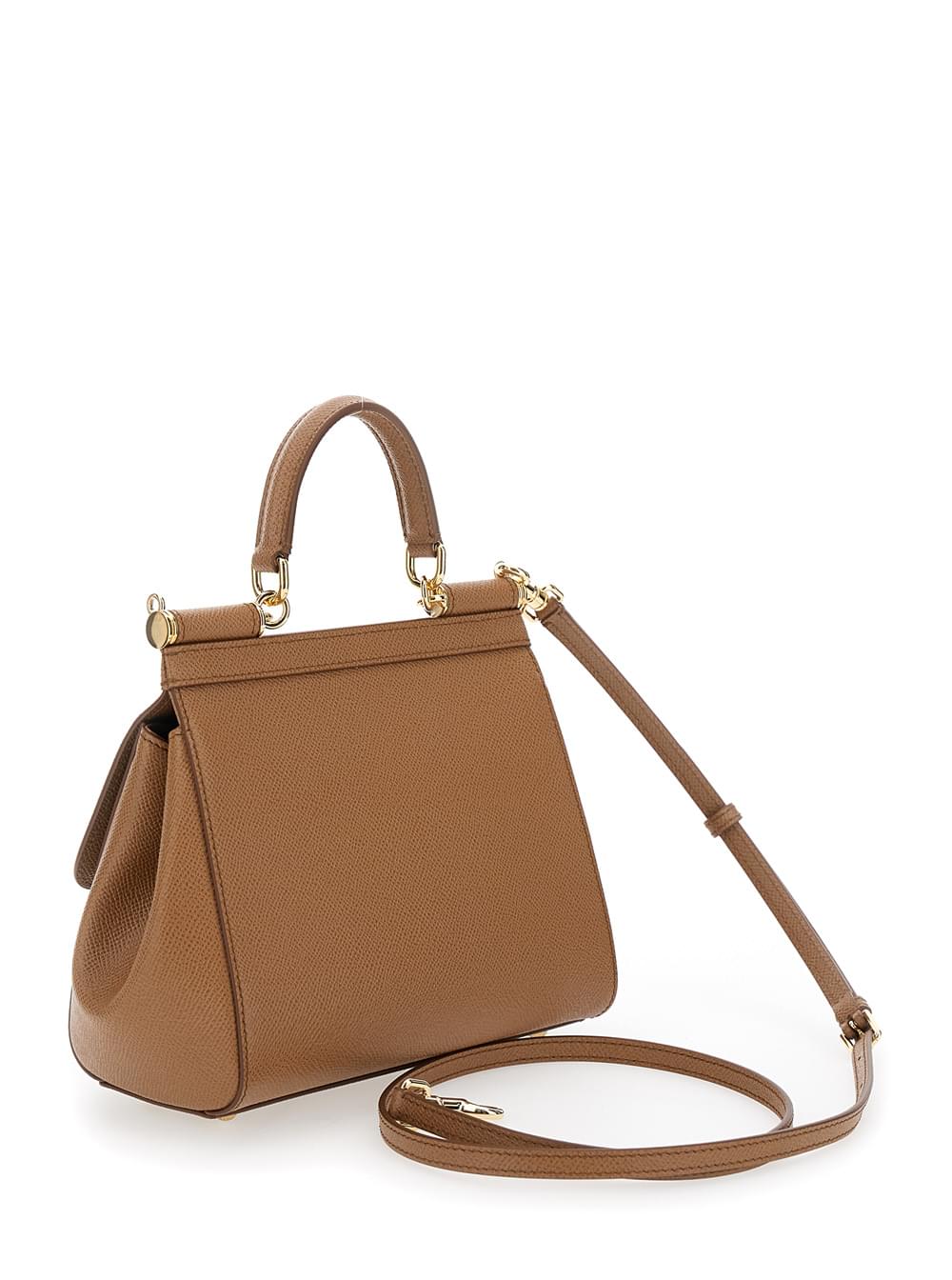 Dolce & Gabbana Women Dolce & Gabbana Women 'My Sicily' Medium Brown Handbag With Logo Plate On Front In Grained Leather For Women DOLCE & GABBANA