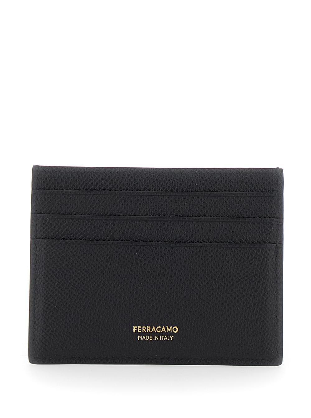 Ferragamo Men Ferragamo Men Black Card Holder With Micro Gancini On The Front And Logo Lettering On The Rear In Grained Leather Man FERRAGAMO