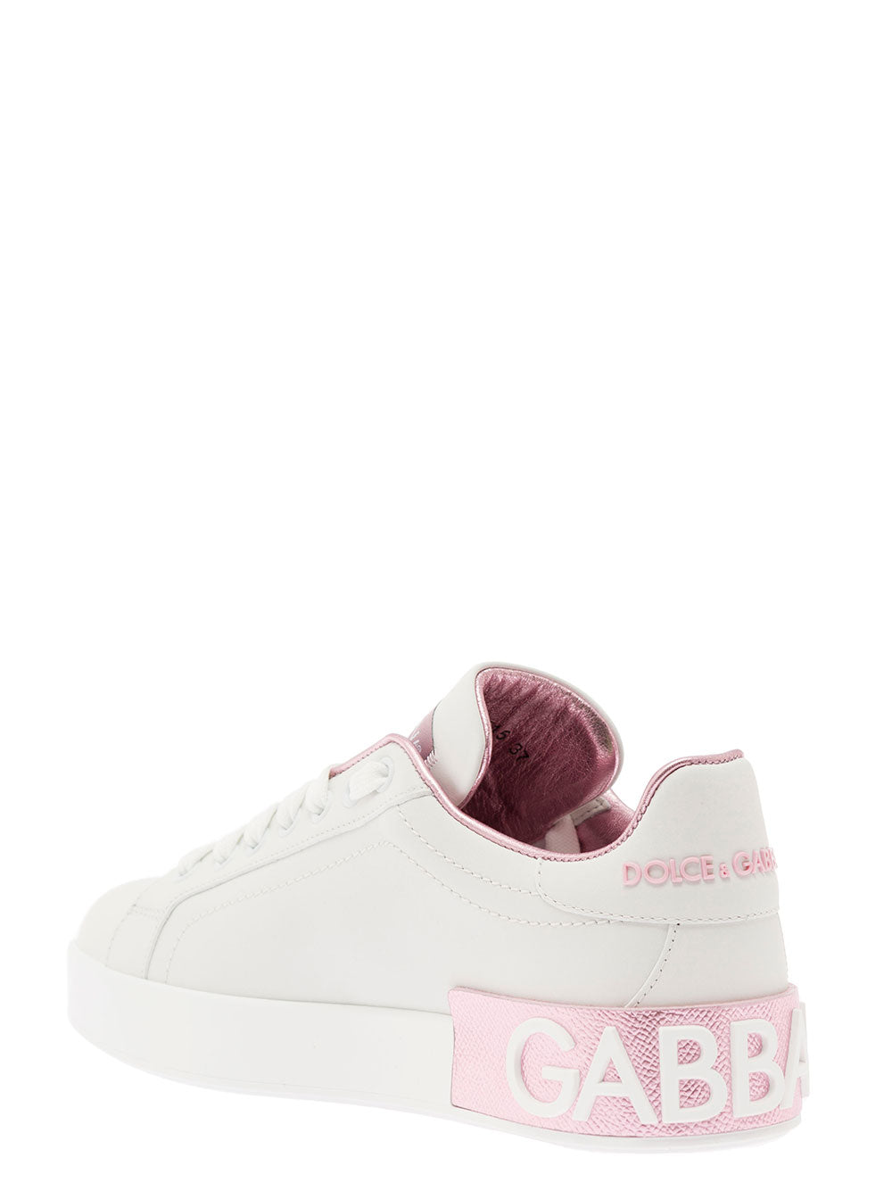 Dolce & Gabbana Women 'Portofino' White And Pink Low Sneakers With Logo In Leather For Women DOLCE & GABBANA