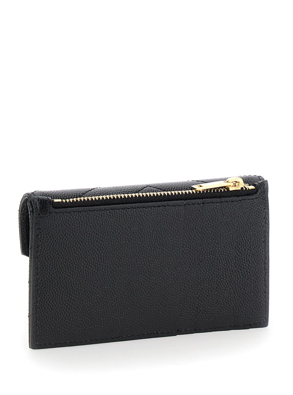 Saint Laurent Women 'Cassandre' Black Zip Card Case With Flap In Embossed Leather Woman SAINT LAURENT