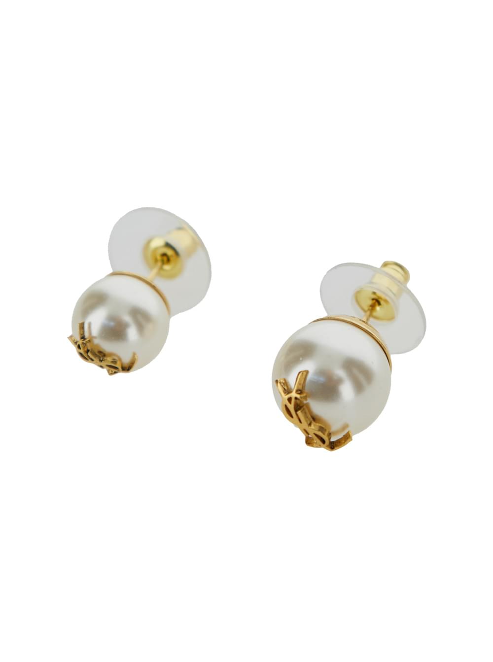Saint Laurent Women Asymmetric Earrings With A Large Pearl And A Small One In Metal With Ysl Logo SAINT LAURENT