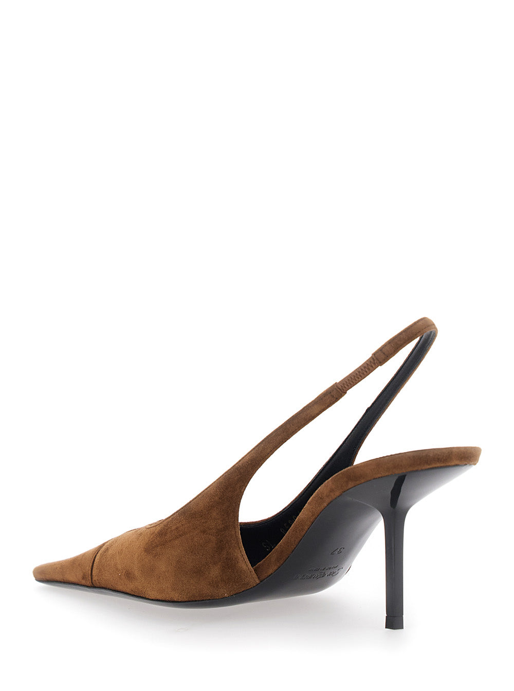 Saint Laurent Women 'Babylone' Brown Slingback Pumps With Pointed Toe And Cassandre Plate And High Stiletto Heel In Suede For Women SAINT LAURENT