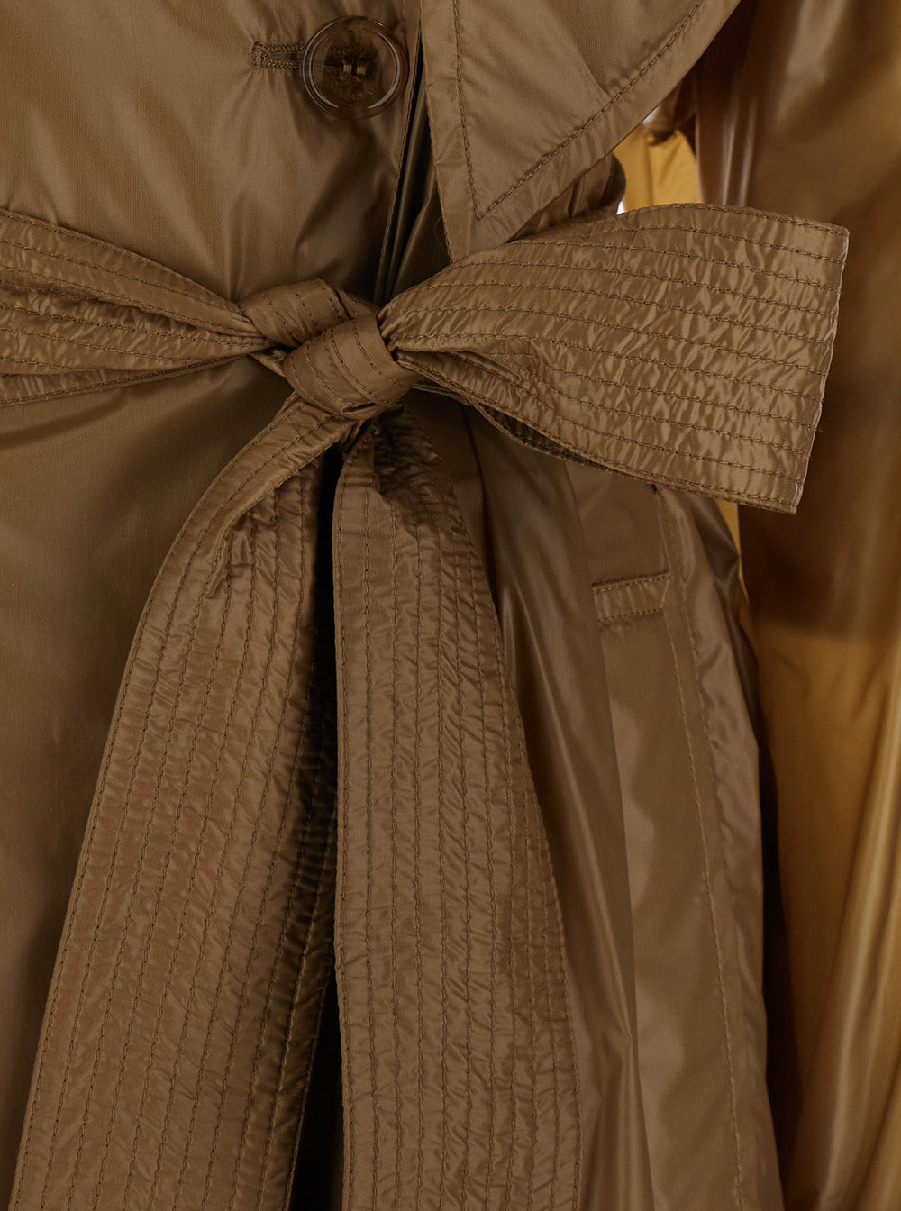 Saint Laurent Women Beige Double-Breasted Trench Coat With Lavallière Collar And Front Belt In Tech Fabric For Women SAINT LAURENT