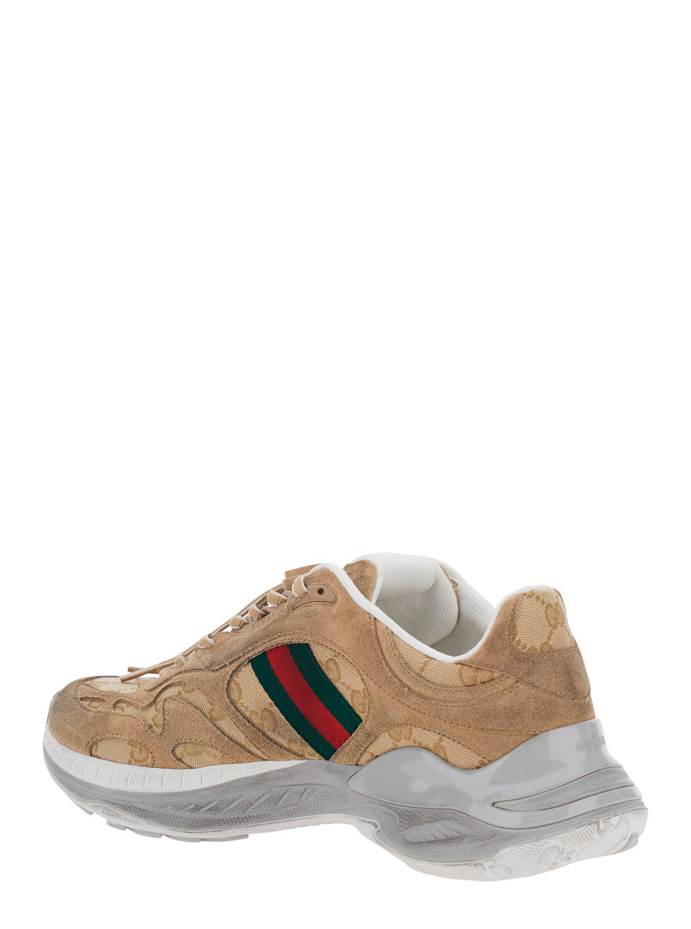 Gucci Men 'Gucci 2.0' Beige Low Top Sneakers With Web Detail On The Side In Suede And Gg Canvas For Men GUCCI