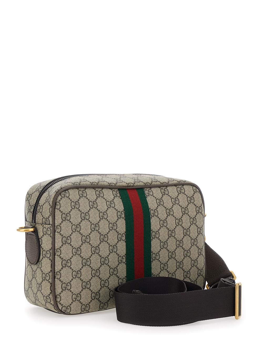 Gucci Men Crossbody Bag 'Ophidia' With Adjustable Strap And Gg Plaque With Web Detail On The Front In Gg Canvas Beige Men GUCCI