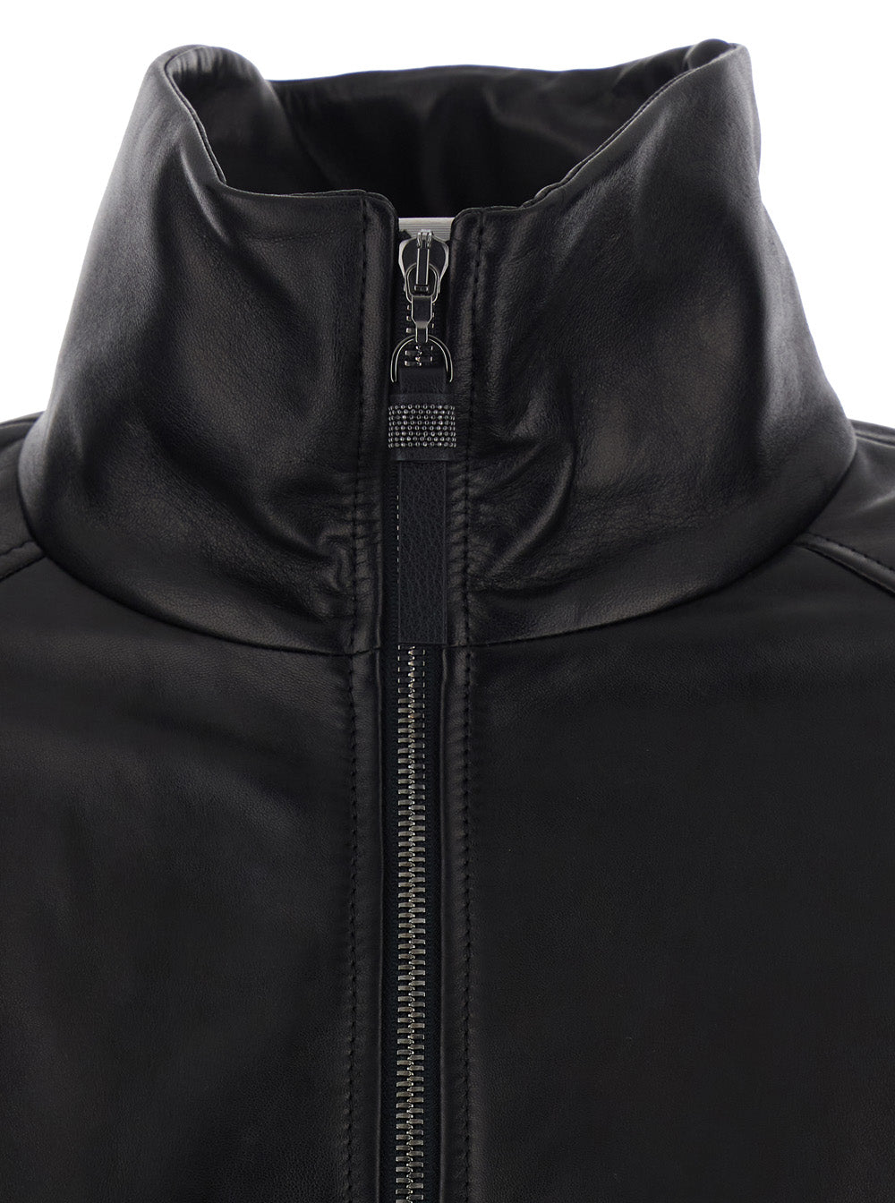 Brunello Cucinelli Women Black High Collar Jacket With Elasticized Trims In Leather For Women BRUNELLO CUCINELLI