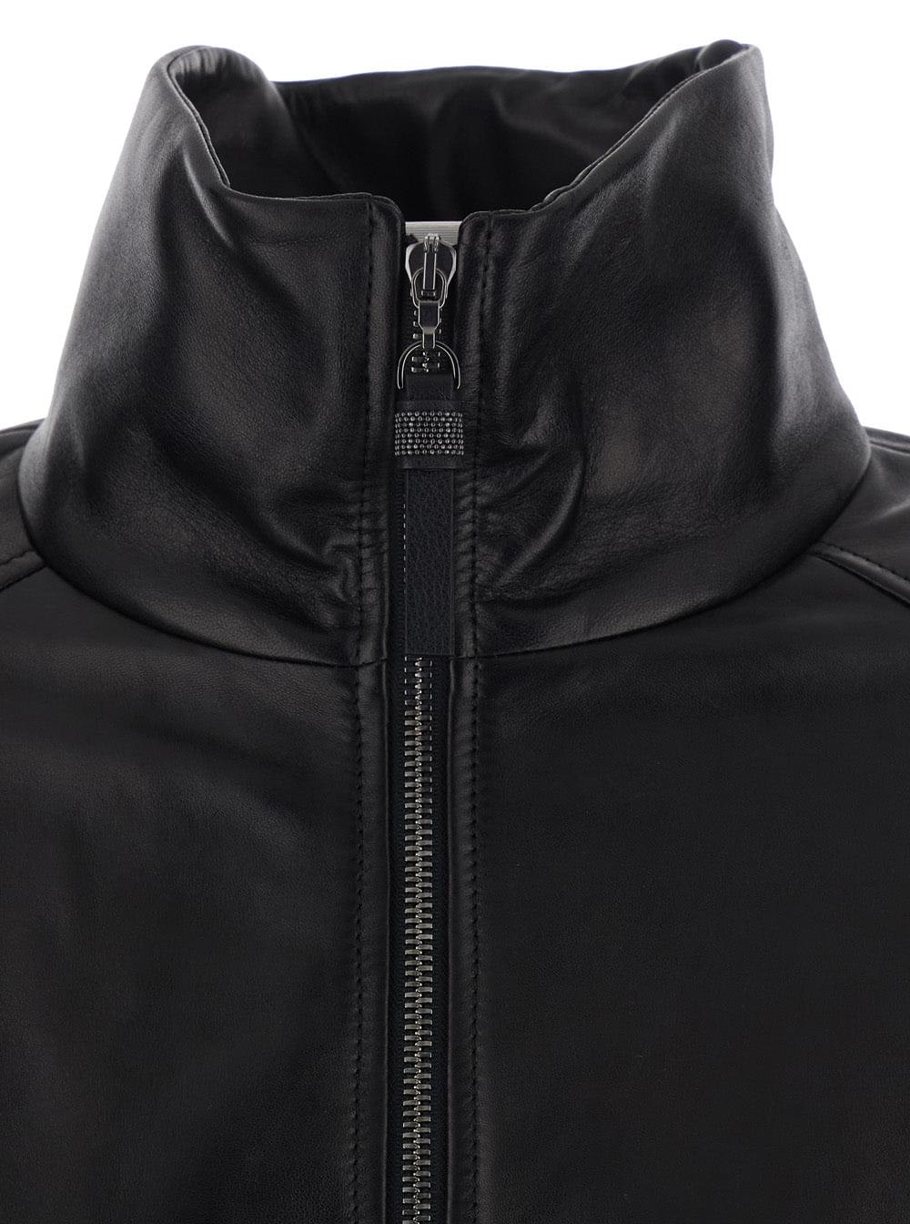 Brunello Cucinelli Women Black High Collar Jacket With Elasticized Trims In Leather For Women BRUNELLO CUCINELLI