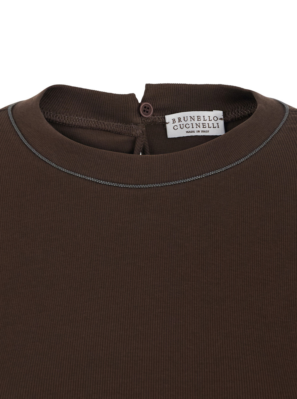 Brunello Cucinelli Women Brown Crew Neck T-Shirt With Monil Detail On The Neck And Keyhole Closure At The Back In Cotton For Women BRUNELLO CUCINELLI