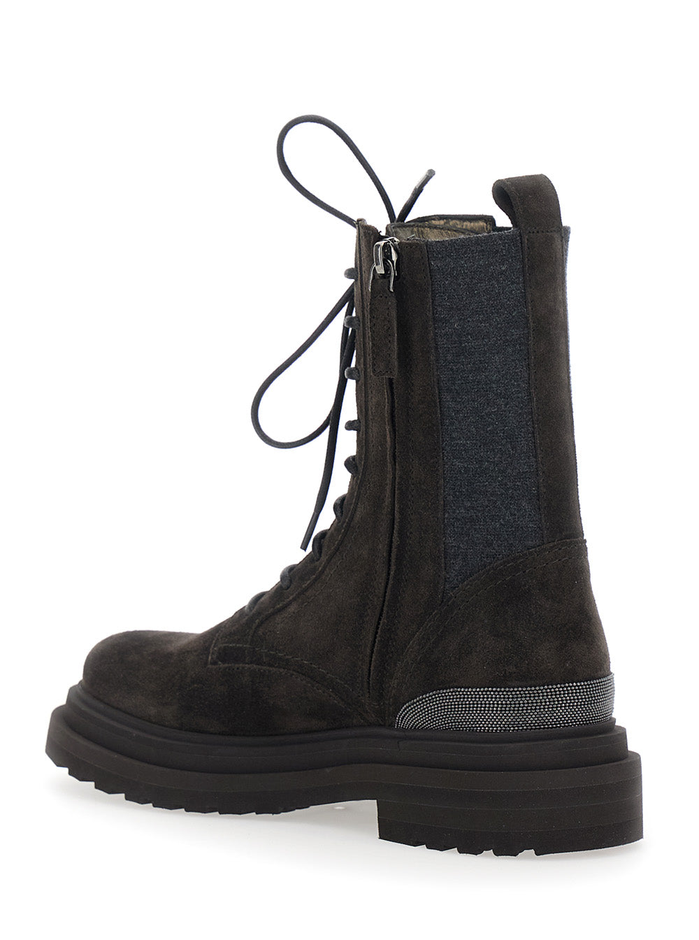 Brunello Cucinelli Women Brown Ankle Boots With Lace Closure And Monil Detail On The Back In Suede For Women BRUNELLO CUCINELLI