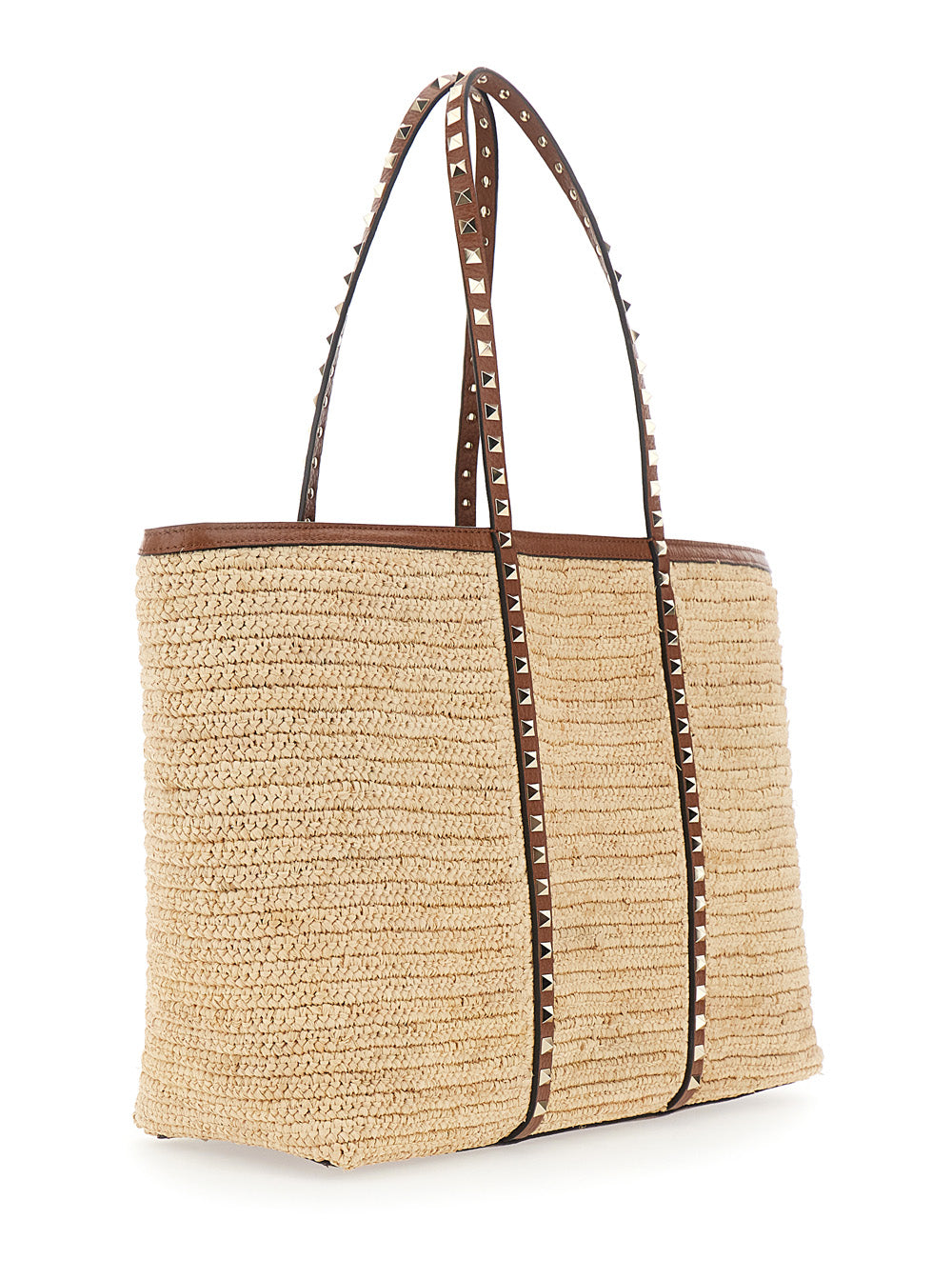 Valentino Garavani Women Beige Shopper Bag With Rockstud Studs In Raffia And Leather Woman VALENTINO GARAVANI