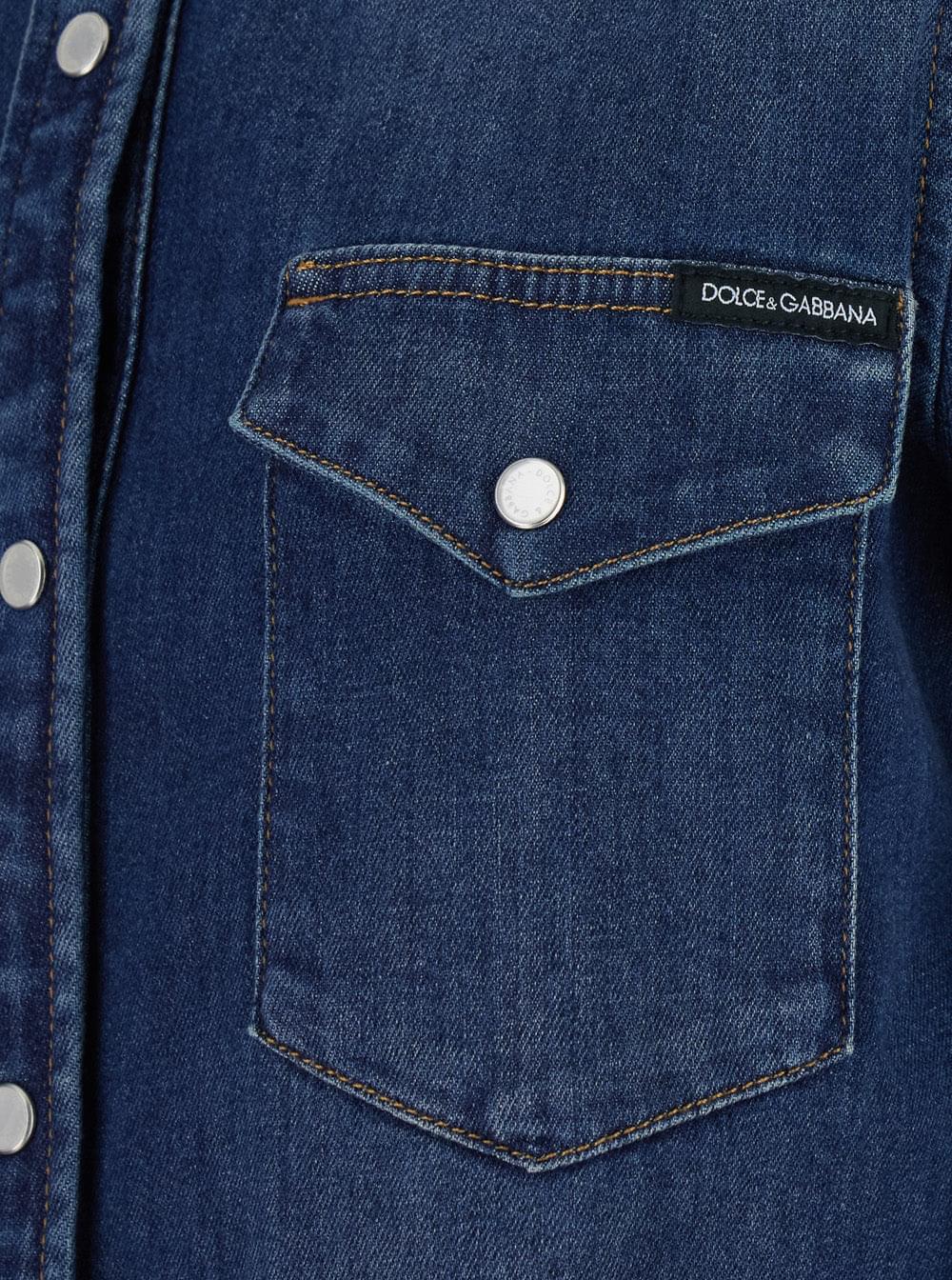 Dolce & Gabbana Women Blue Shirt With Classic Collar And Metallic Logo Patch On The Back In Denim For Women DOLCE & GABBANA
