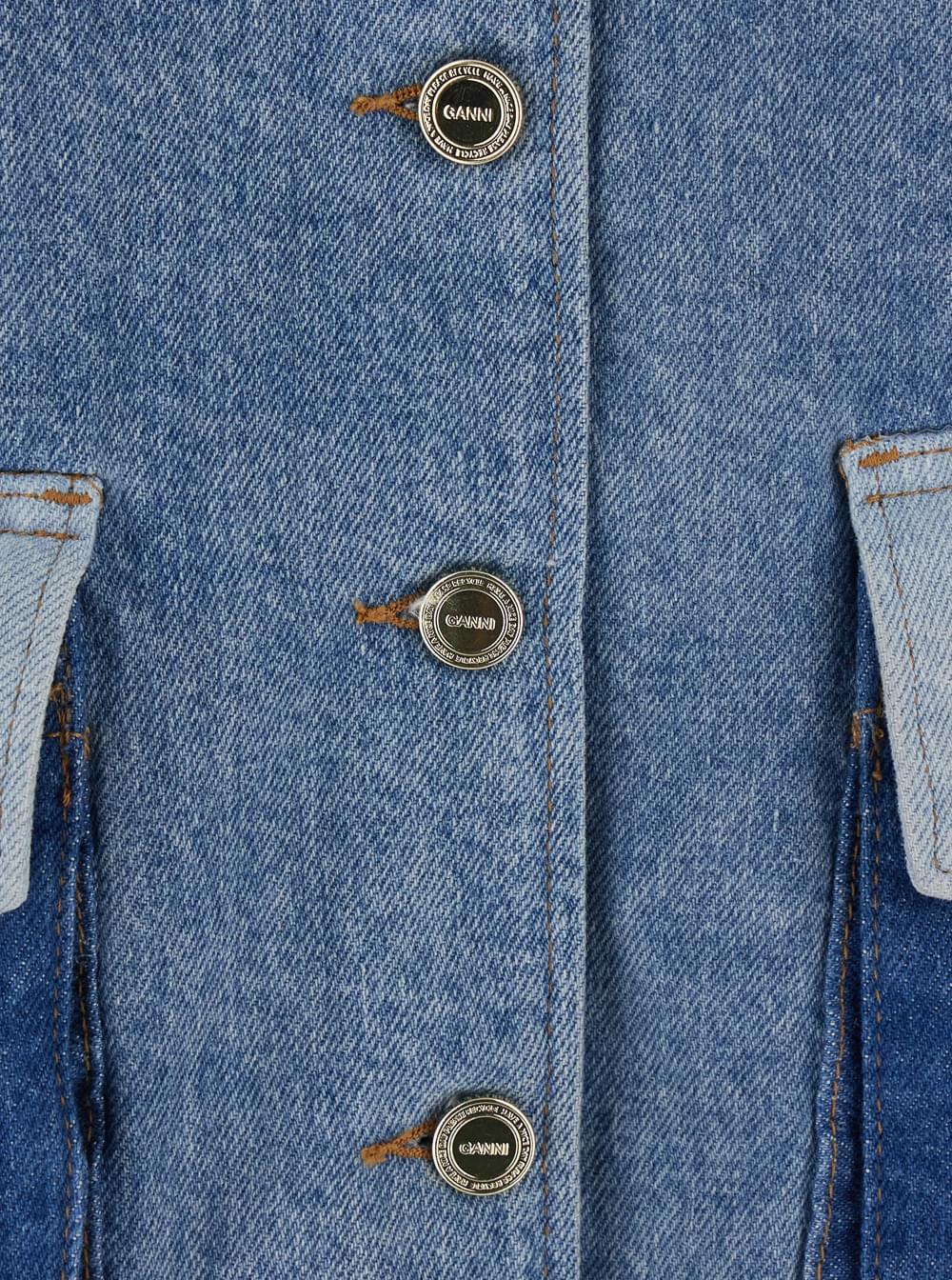 Ganni Women Blue Jacket With Classic Collar With Fringed Details And Patchwork Design In Denim For Women GANNI