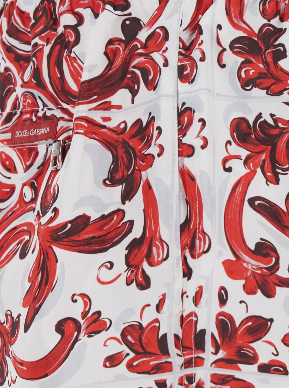 Dolce & Gabbana Men Bordeaux Swim Shorts With Elasticated Waist And Drawstring And All-Over Majolica Print In Tech Fabric For Men DOLCE & GABBANA