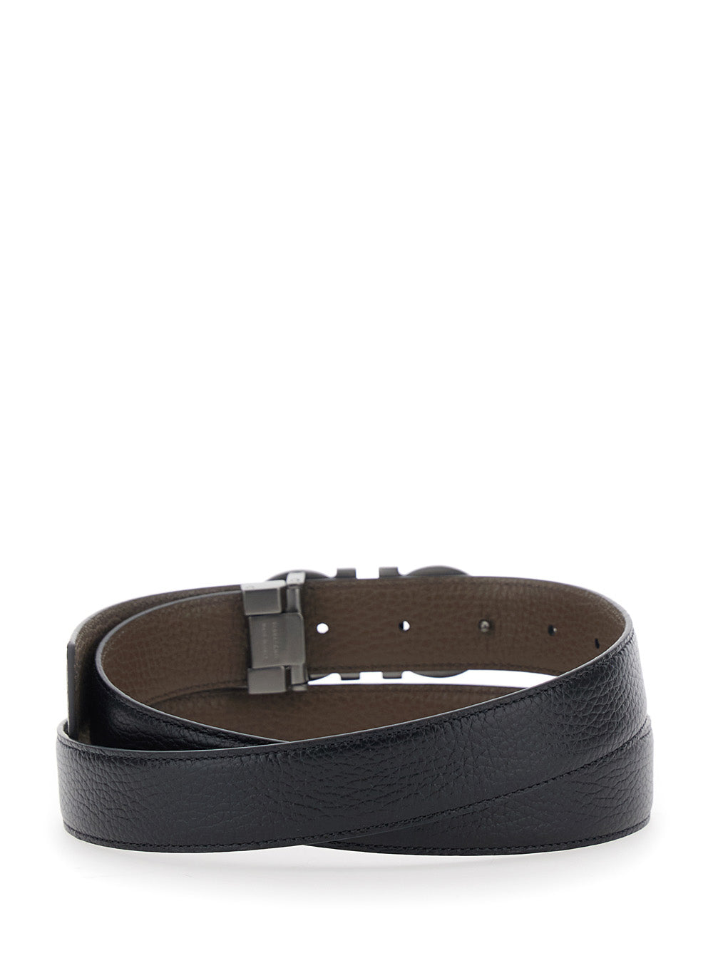 Ferragamo Men Reversible Belt With Gancini Buckle In Grained Black Leather For Men FERRAGAMO
