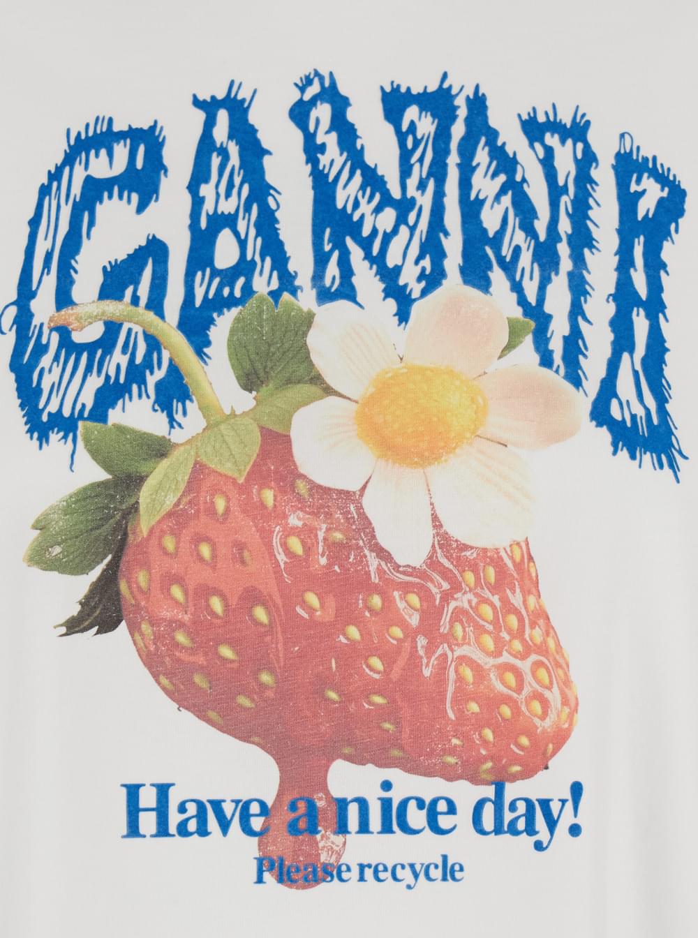 Ganni Women White Crew Neck T-Shirt With Large Logo Lettering Print And Strawberries On The Front In Cotton For Women GANNI