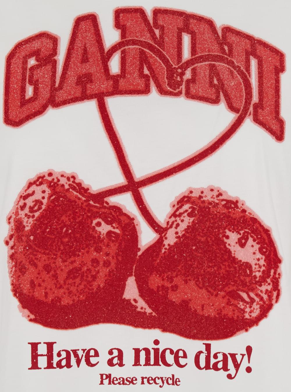Ganni Women White Crew Neck T-Shirt With Large Logo Lettering And Cherries On The Front In Cotton For Women GANNI