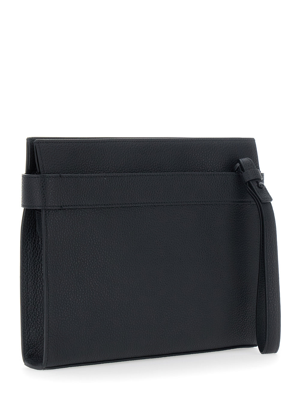 Ferragamo Men Black Clutch With Hug Side Buckles And Logo In Leather For Men FERRAGAMO