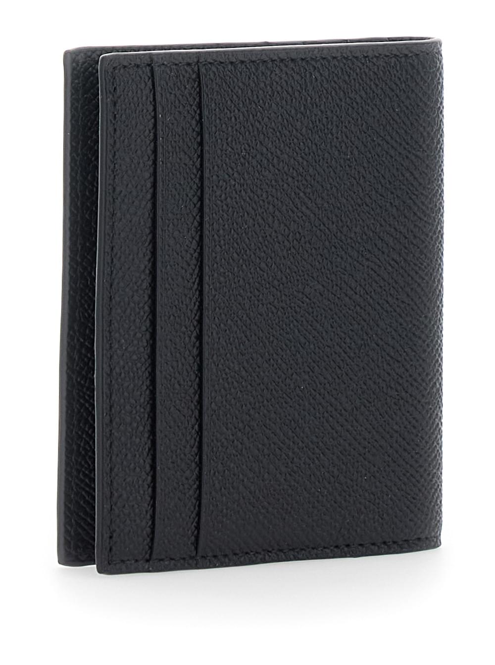 Ferragamo Men 'Micro Gancini' Black Card Holder Bi-Fold With Logo In Grained Leather Men FERRAGAMO