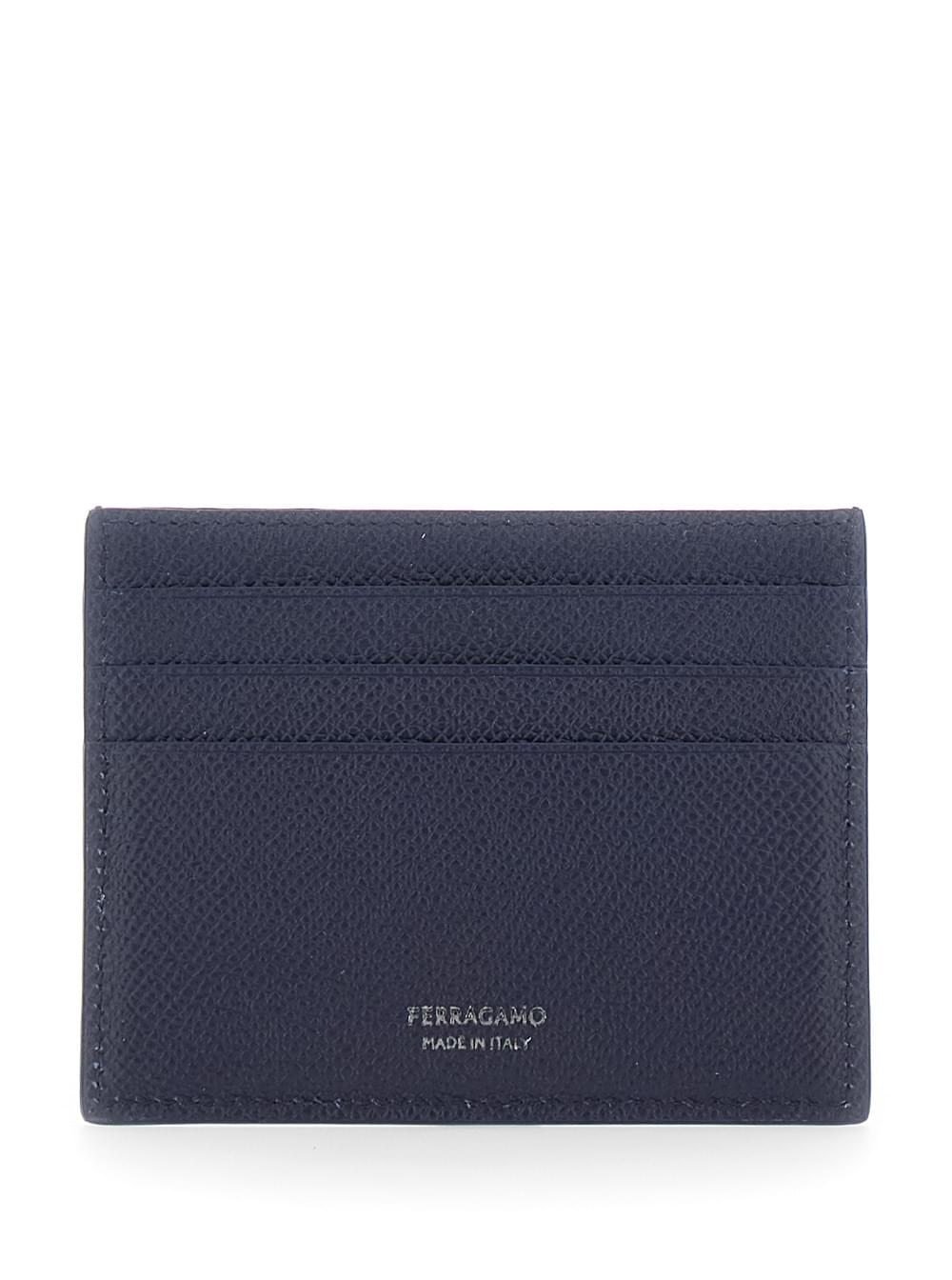 Ferragamo Men Blue Card Holder With Micro Gancini On The Front And Logo Lettering On The Back In Grained Leather For Men FERRAGAMO