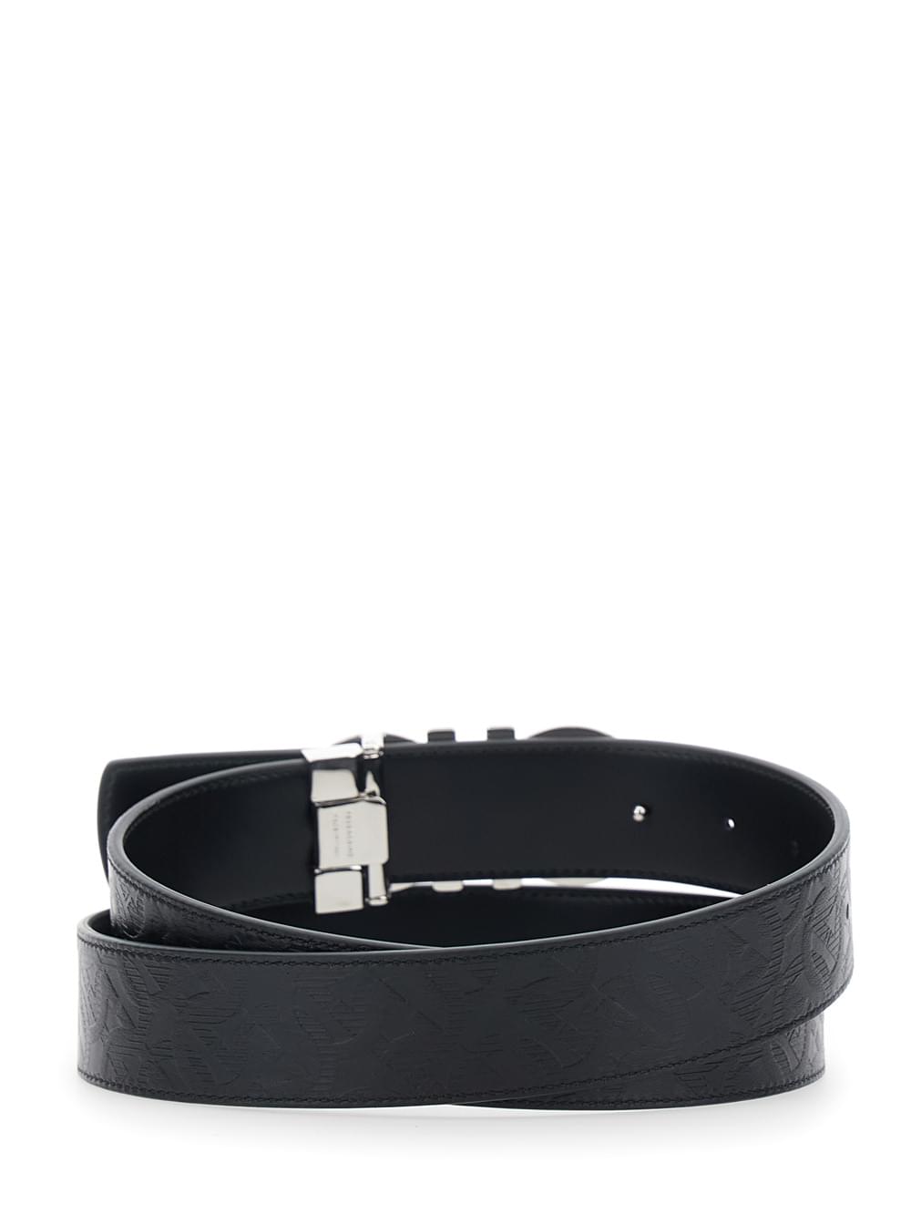 Ferragamo Men Black Reversible Belt With Gancini Buckle Closure In Grained Leather For Men FERRAGAMO