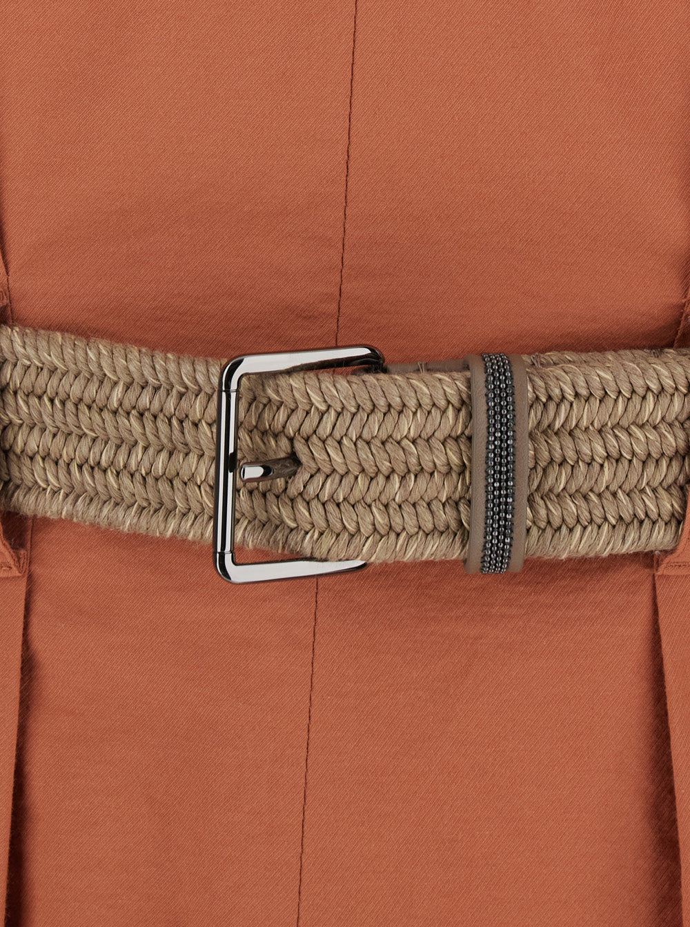 Brunello Cucinelli Women Orange Pleated Midi Dress With V-Neck And Belt With Monil Detail On The Front In Cotton For Women BRUNELLO CUCINELLI