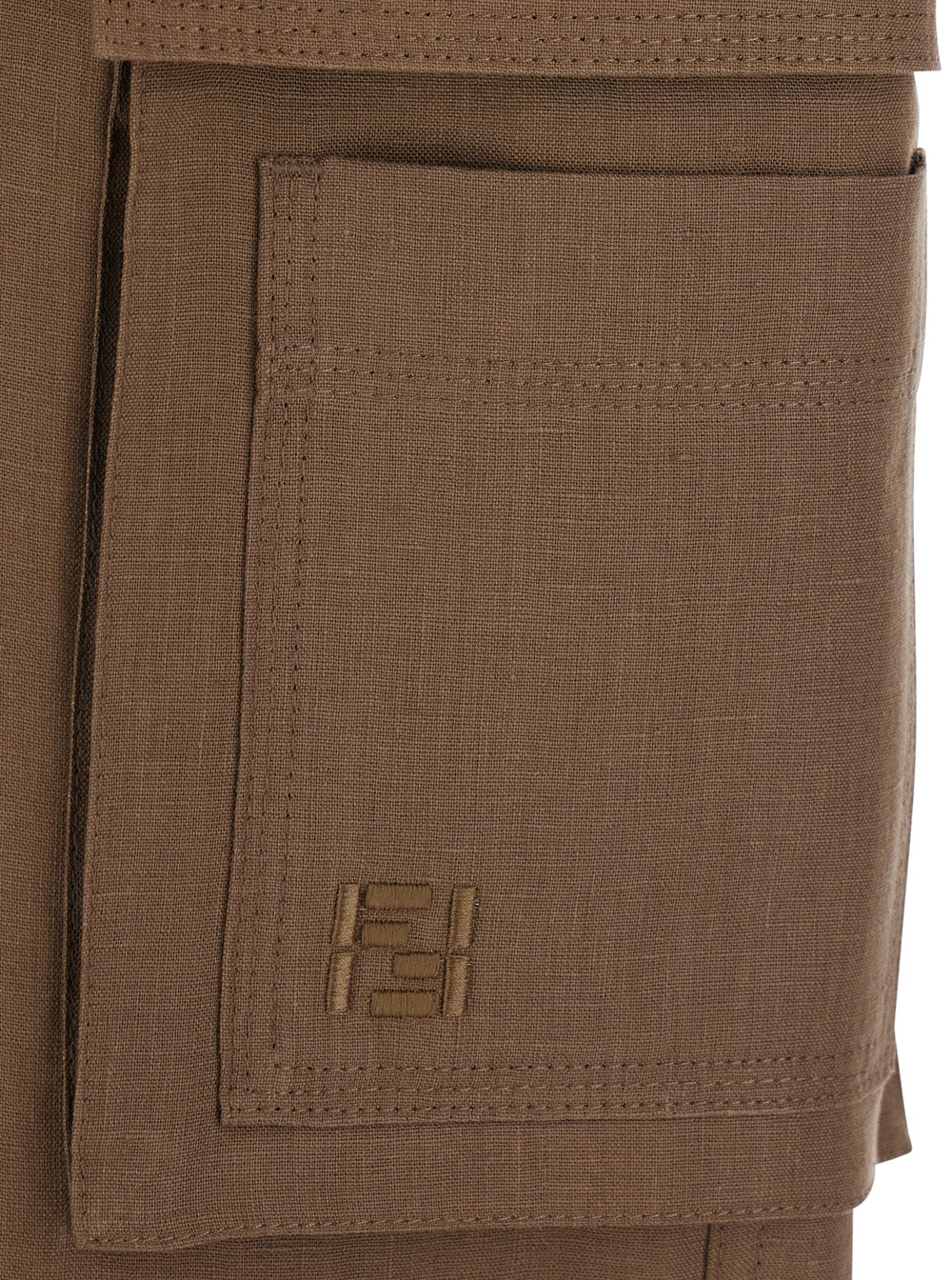 Fendi Men Brown Cargo Pants With Ff Plate On The Pocket In Linen For Men FENDI