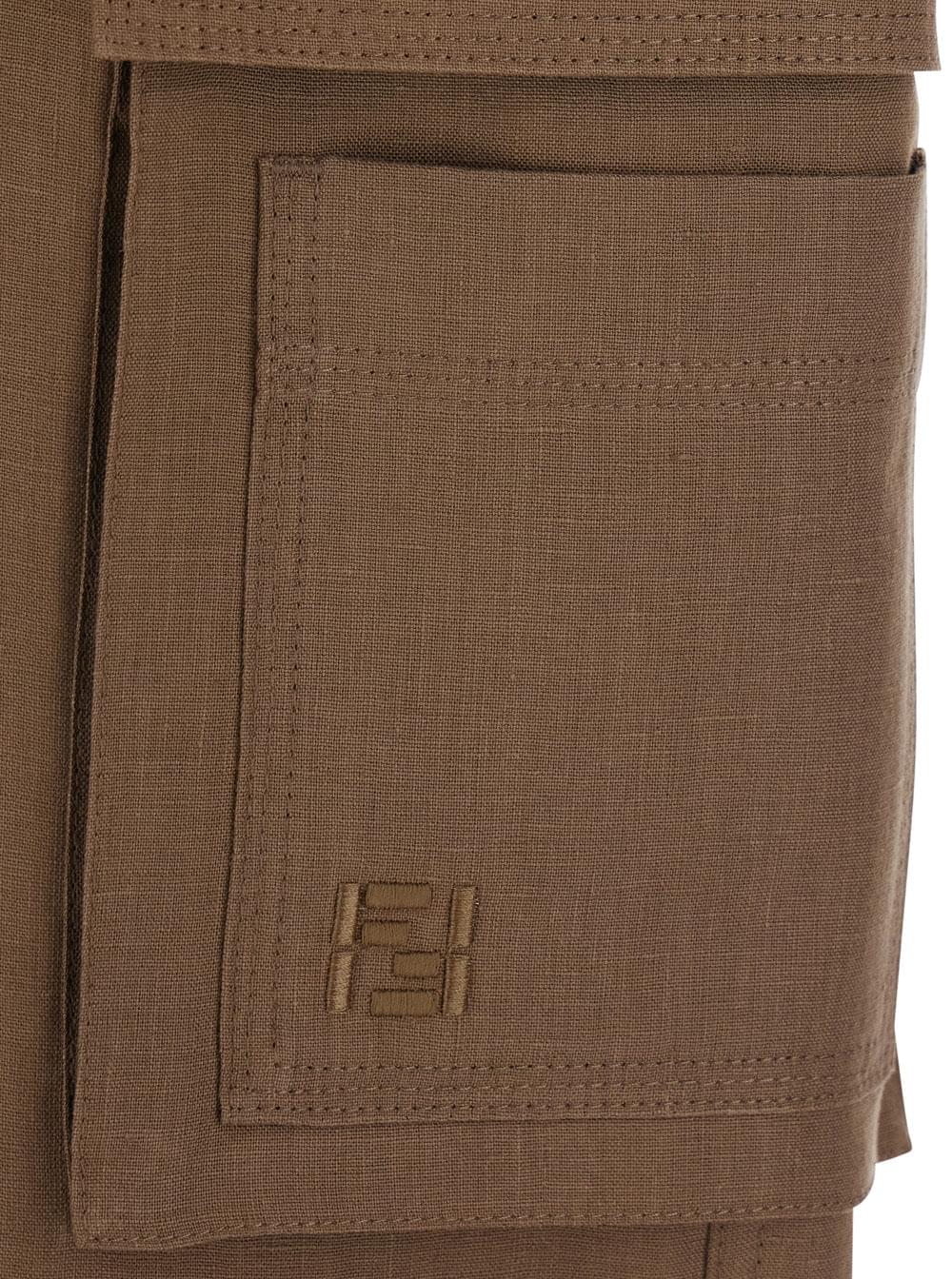 Fendi Men Brown Cargo Pants With Ff Plate On The Pocket In Linen For Men FENDI