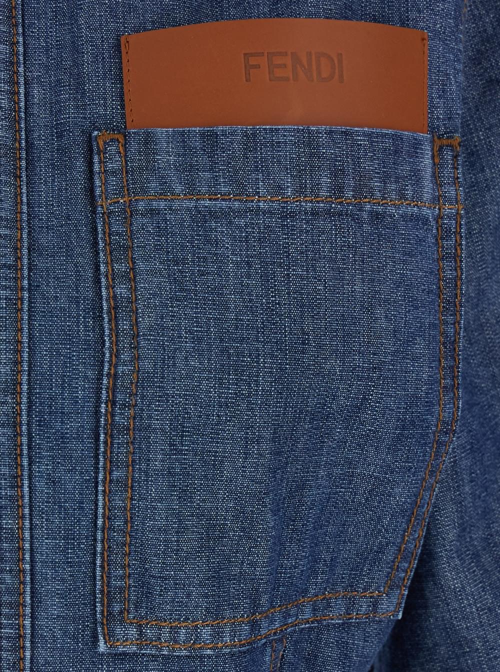 Fendi Women Blue Dress With Classic Collar And Leather Logo Patch On The Front In Denim For Women FENDI