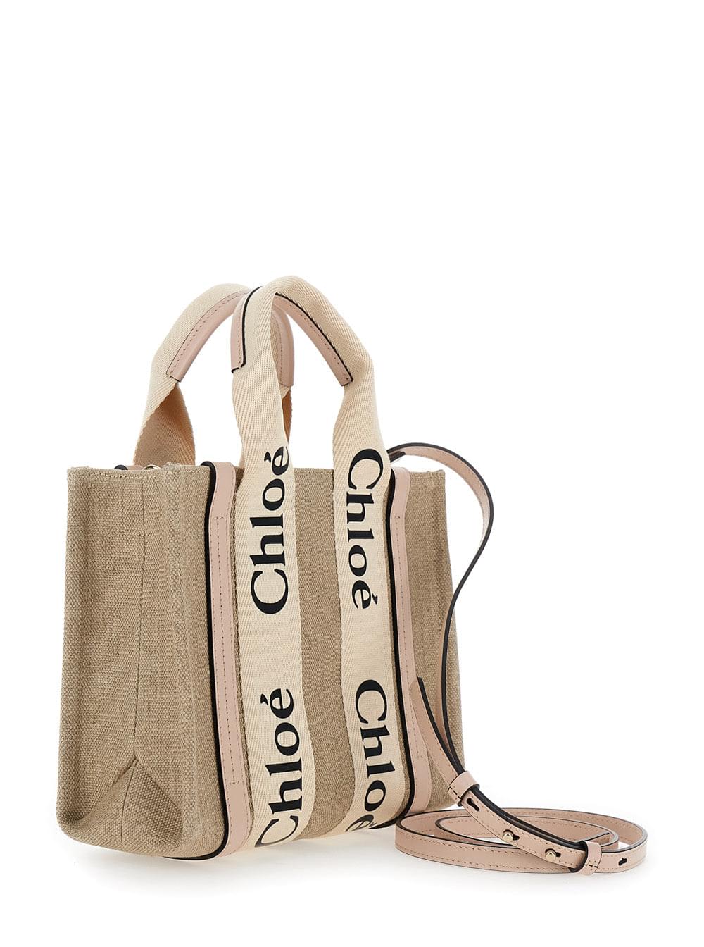 Chloé Women Tote Bag 'Woody' With Logoed Ribbons In Beige Canvas For Women CHLOE