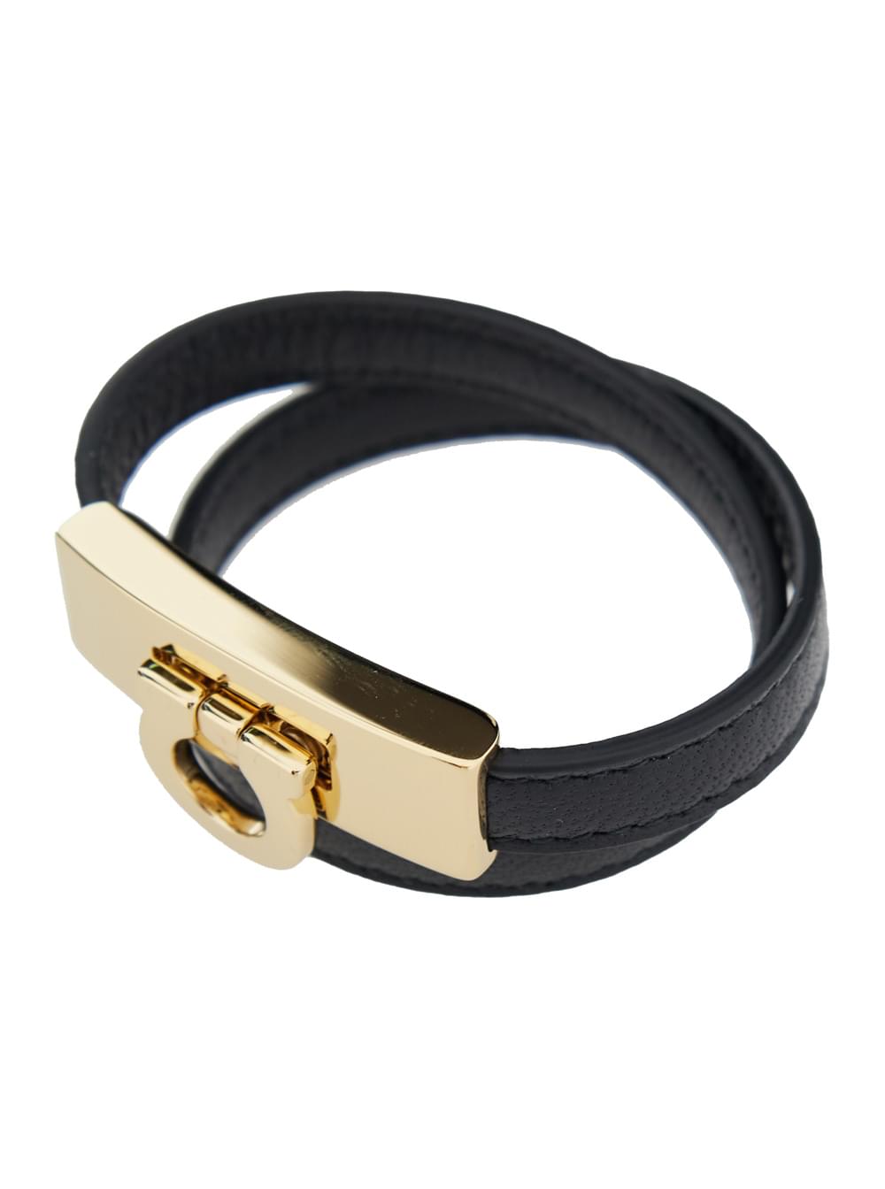 Ferragamo Women Double Wrap 'Gancini' Black Leather Bracelet For Women FERRAGAMO