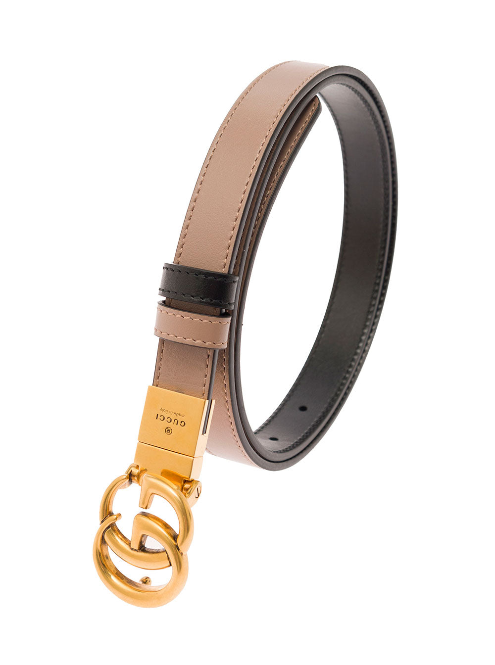 Gucci Women Reversible Belt With Gg Logo And Antique Gold Finishes In Pink And Black Leather For Women GUCCI