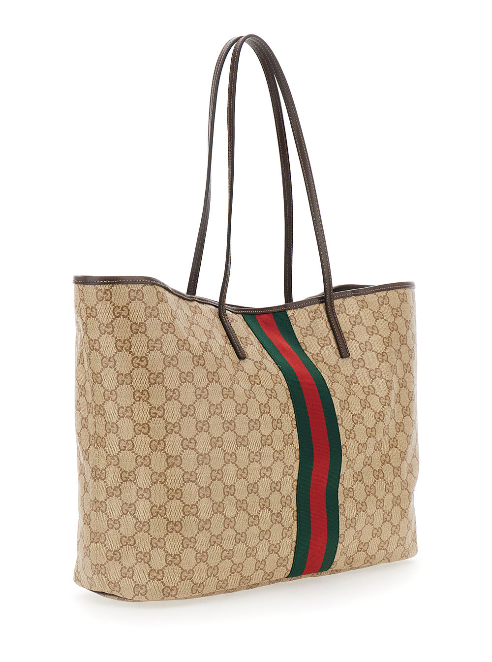 Gucci Women 'Essence' Beige Tote Bag With Maxi Web Stripe And Automatic Button Closure In Gg Canvas For Women GUCCI