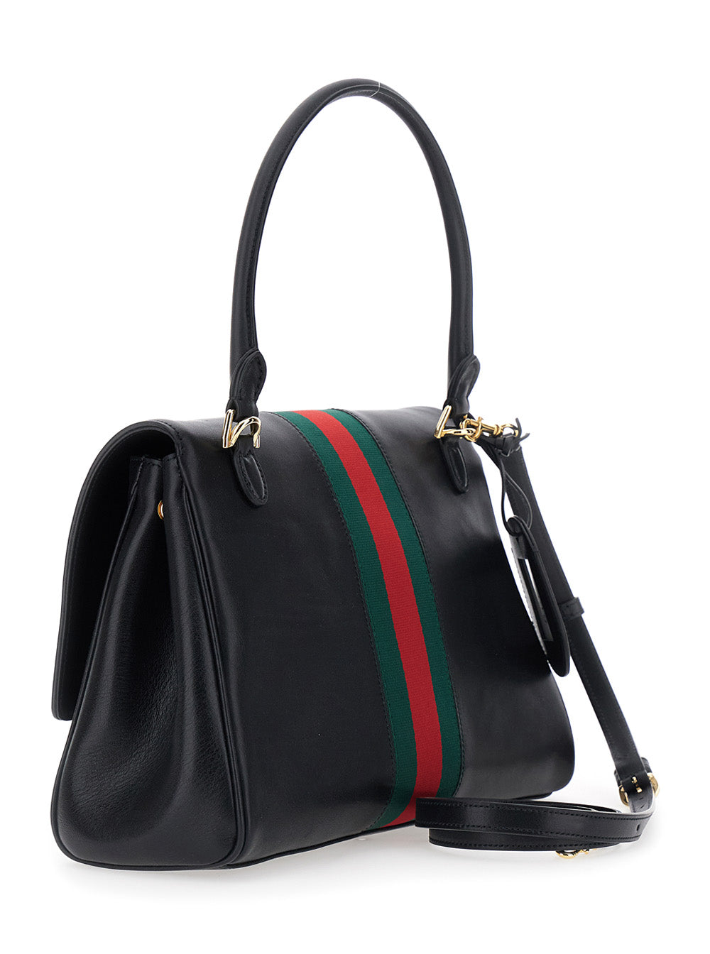 Gucci Women Black Handbag With Web Detail And Horsebit Plaque On The Front In Leather For Women GUCCI