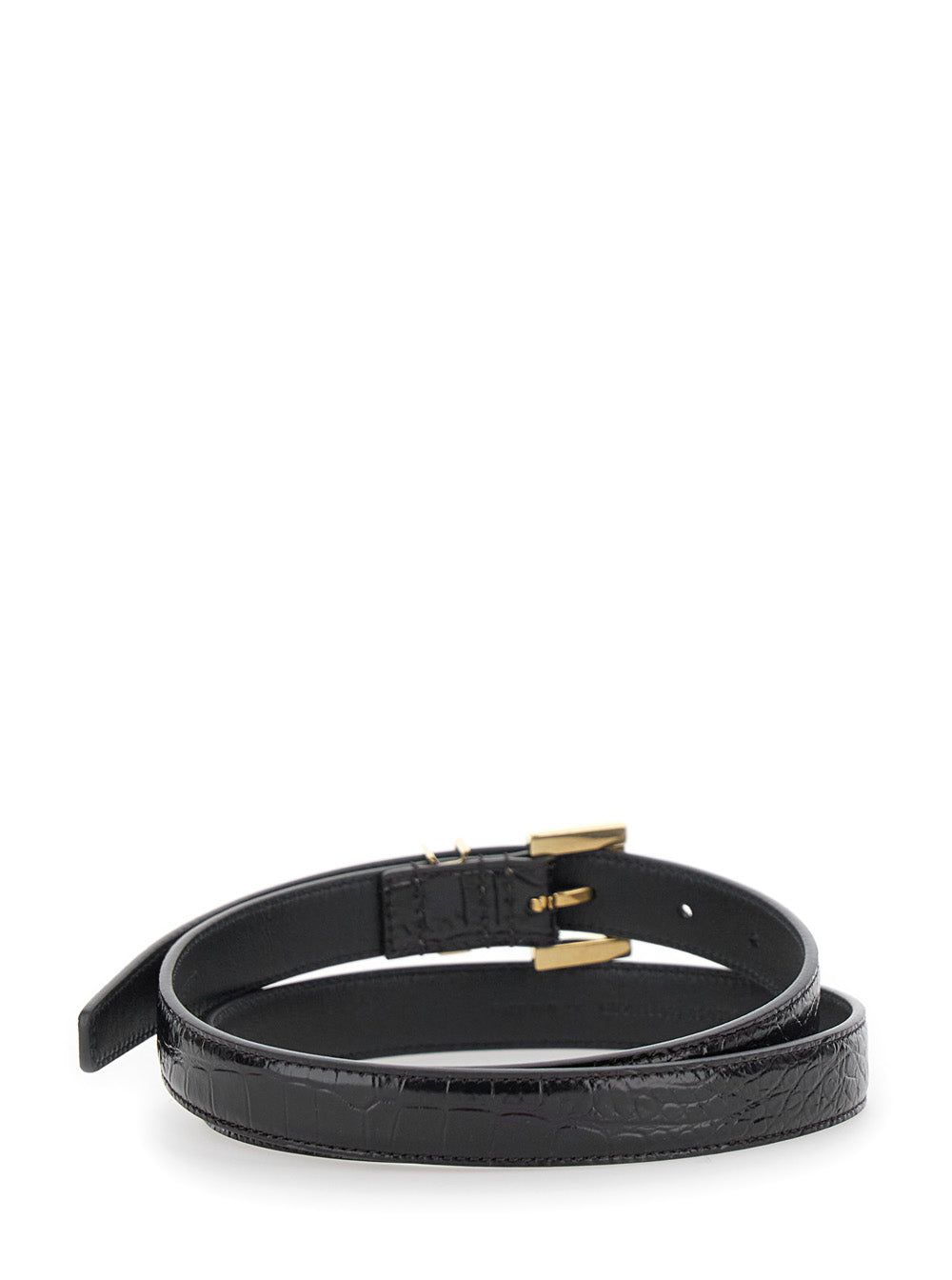 Saint Laurent Women Thin Belt With Cassandre Detail In Black Crocodile-Embossed Leather For Women SAINT LAURENT