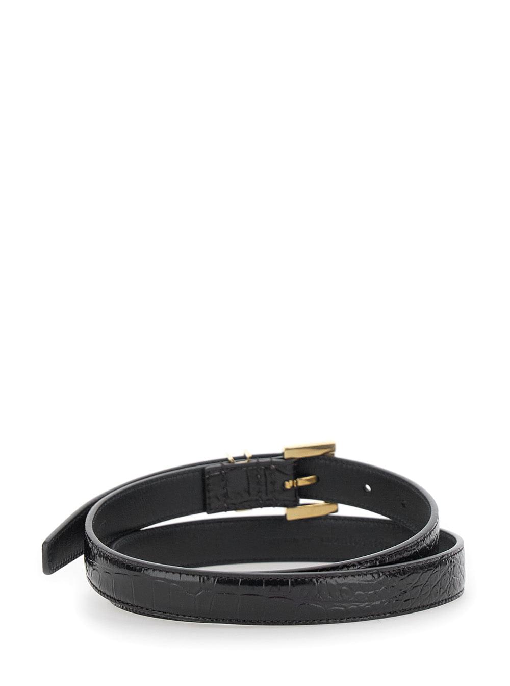 Saint Laurent Women Thin Belt With Cassandre Detail In Black Crocodile-Embossed Leather For Women SAINT LAURENT